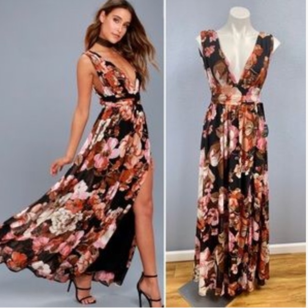 Lulu's Floral Maxi Dress - Black, Pink, Orange